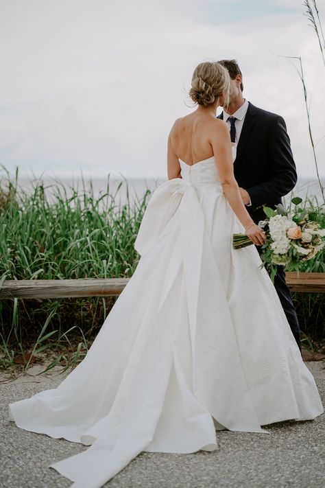 Floral Embossed Wedding Dress, Anne Barge Tucker, Strapless Wedding Dress With Updo, Modern Strapless Wedding Dress, Ann Barge Wedding Dress, A Line Wedding Dress Strapless, Preppy Wedding Dress, Wedding Dress With A Bow, Road Trip To Florida