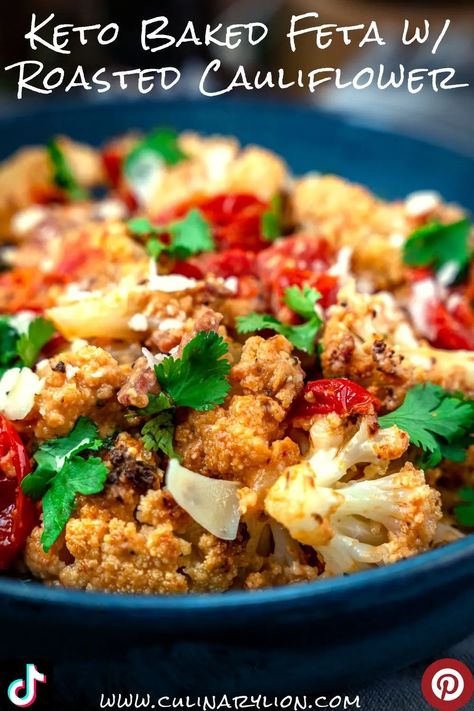 Keto Baked Feta w/ Roasted Cauliflower - Culinary Lion Roasted Feta, Oven Baked Pork Ribs, Pasta Tiktok, Baked Pork Ribs, Feta Tomato, Baked Feta Pasta, Feta Cheese Recipes, Lo Carb Recipes, Baked Feta