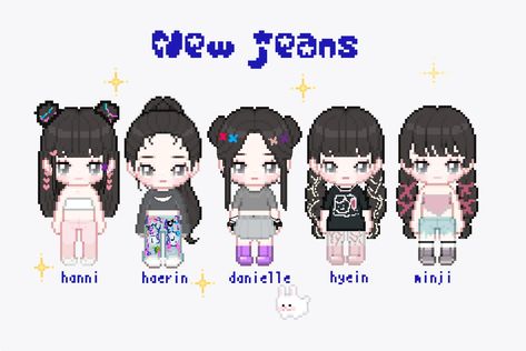 Kpop girl group, new jeans, all members, pixel art, pixel doll Pixel Kpop Icons, New Jeans Anime Art, New Jeans Character, New Jeans Drawing Kpop, Newjeans Pixel Art, New Jeans Names, New Jeans Graphic Design, New Jeans Pixel, New Jeans App Icons