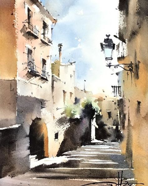 Daniel Smith Watercolor, Girona Spain, Shadow Effect, Watercolor Art Landscape, Abstract Watercolor Landscape, Nature Art Drawings, Watercolor Architecture, Light Shadow, Diy Watercolor Painting