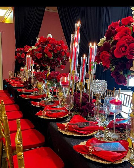 31st birthday dinner Decor by us! | Instagram Centerpieces Black And Gold, Burlesque Birthday Party, Birthday Dinner Decor, Red Rose Centerpieces, Burlesque Birthday, Moulin Rogue, Red Wedding Centerpieces, Red Events, Red Roses Centerpieces