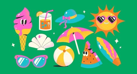 Summer Items Illustration, Cute Summer Illustration, Party Illustration, Summer Items, Summer Illustration, Summer Party, Beach Day, Hanging Out, Premium Vector