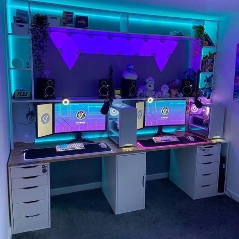 Gaming Set Up For Couples, Couple Game Setup, Couples Pc Gaming Room, Dual Gaming Setup, Couple Pc Gaming Setup, Couple Gamer Room, Couples Game Room, Couples Gaming Room, Couples Gaming