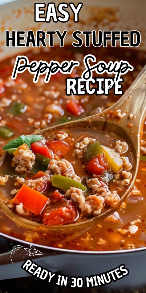 Easy Hearty Stuffed Pepper Soup Stuffed Bell Pepper Soup Recipe, Stuff Bell Pepper Soup, Sausage And Pepper Soup, Stuffed Peppers Soup, Sausage Pepper Soup, Stuffed Pepper Soup With Sausage, Crockpot Stuffed Pepper Soup, Italian Sausage And Pepper Soup, Easy Stuffed Pepper Soup