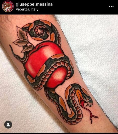 Snake With Apple, Apple Tattoo, Clever Tattoos, 3d Tattoos, 3d Tattoo, American Traditional Tattoo, Pattern Tattoo, American Traditional, Old School Tattoo