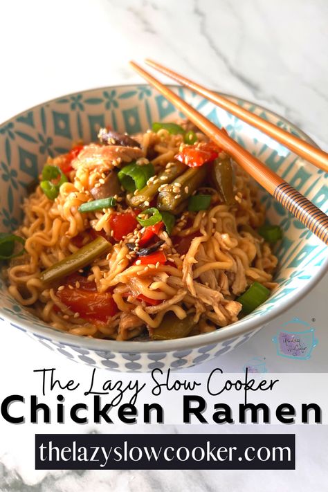 This one-pot slow cooker chicken ramen is so easy and scrumptious. It has succulent chicken and ramen noodles in a savory broth. You will be impressed by this simple and amazing crockpot meal. Ramen Slow Cooker, Slow Cooker Chicken Ramen, Chicken And Ramen, Best Ramen Recipe, Slow Cooker Chicken Dishes, Asian Noodle Soup, Chicken Ramen Noodle Recipes, Pulled Turkey, Chicken Ramen Recipe