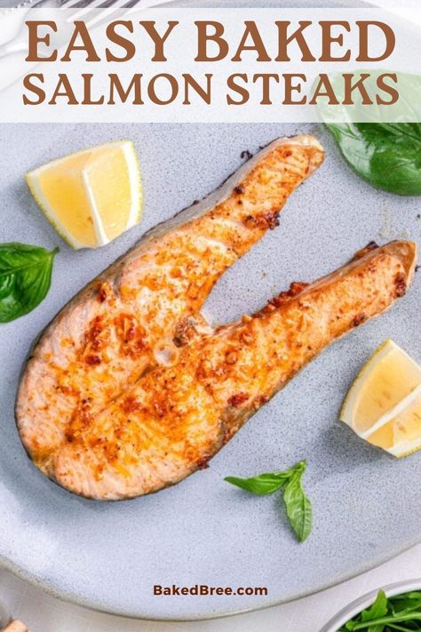 Learn how to make Baked Salmon Steaks with our easy recipe! Juicy, flavorful, and healthy, these salmon steaks are perfect for any meal. Salmon Steaks In Oven, Salmon Steaks Baked, Steaks In Oven, Baked Salmon Steak, Salmon Steak Recipes, Baked Bree Recipe, Bake Salmon, Salmon Steaks, Steak In Oven