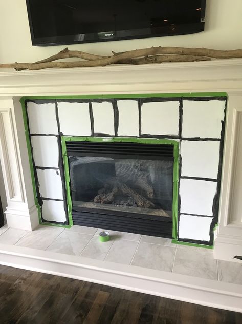 How to Paint Tile Around A Fireplace, DIY, Fireplace Makeover, painted tile Refinish Tile Fireplace, Color Fireplace Painted, Painting Over Fireplace Tile, Painted Ceramic Tile Fireplace, Painted Tile Fireplace Before And After, Painted Black Tile Fireplace, Update Ceramic Tile Fireplace, Redoing Fireplace Ideas Tile, Can You Paint Tile Around Fireplace