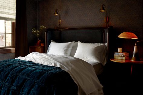 Maker Hotel, Moody Bedroom, Upholstery Bed, Dark Bedroom, White Sheets, Romantic Bedroom, Queen Bedroom, Dark Room, The Maker