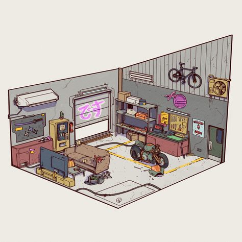 Cyberpunk Drawing, Cyberpunk House, Garage Drawing, Cyberpunk Apartment, Retro Garage, Pixel Art Tutorial, Posca Art, Building Concept, Architecture Design Drawing