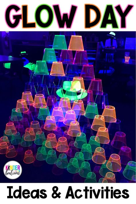 Neon Classroom Transformation, Glow In The Dark Activities For Preschool, Preschool Glow Stick Activities, Light Up The Night Theme, Light Theme Classroom, Prek Glow Party, Black Light Activities, Space Day Classroom Transformation, Glow Day Classroom Games