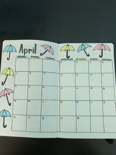 Umbrella Bullet Journal, April Bullet Journal, Journal Idea, Bullet Planner, Bullet Journal Weekly Spread, Bullet Journal Doodles, Planner Ideas, Journal Doodles, Bullet Journal Ideas Pages