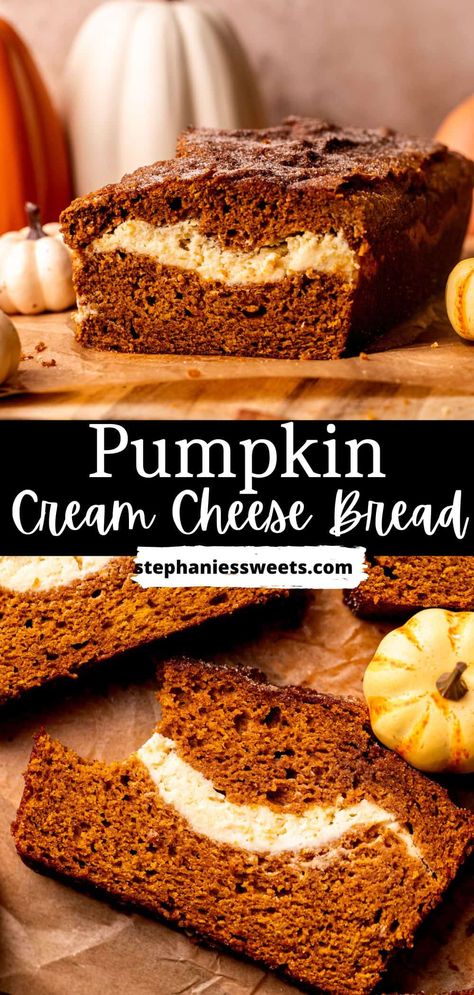 This pumpkin bread is super soft and moist bread, filled with a layer of cream cheese. The pumpkin bread is full of so many spices and pairs so well with the cream cheese swirl! Pumpkin Bread Recipe Easy, Easy Pumpkin Recipes Desserts, Moist Bread, Pumpkin Cream Cheese Bread, Pumpkin Banana Muffins, Cream Cheese Swirl, Pumpkin Cravings, Cream Cheese Bread, Pumpkin Bread Easy