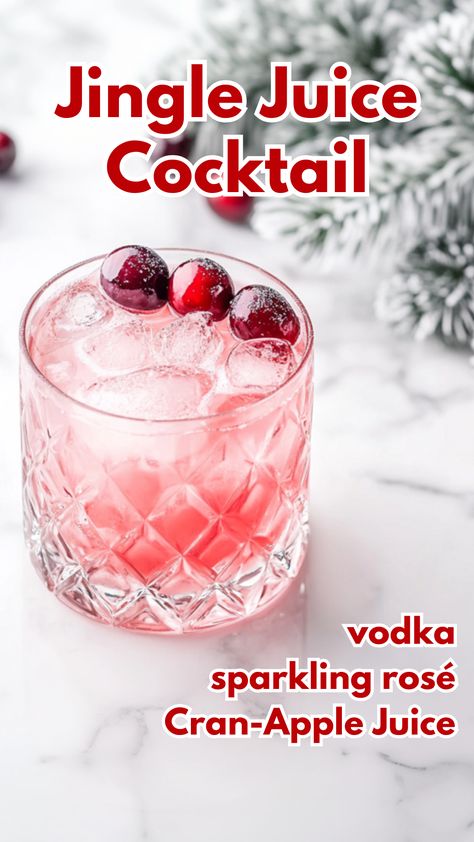 Jingle Juice Cocktail Sparkling Apple Juice Cocktail, Holiday Drinks With Ornament, Pink Christmas Drinks Alcohol, Cran Apple Cocktail, Christmas Cocktails With Cranberries, Christmas Drink Ideas For Parties, Pink Holiday Drinks, Drunken Reindeer Drink, Jingle Juice Cocktail