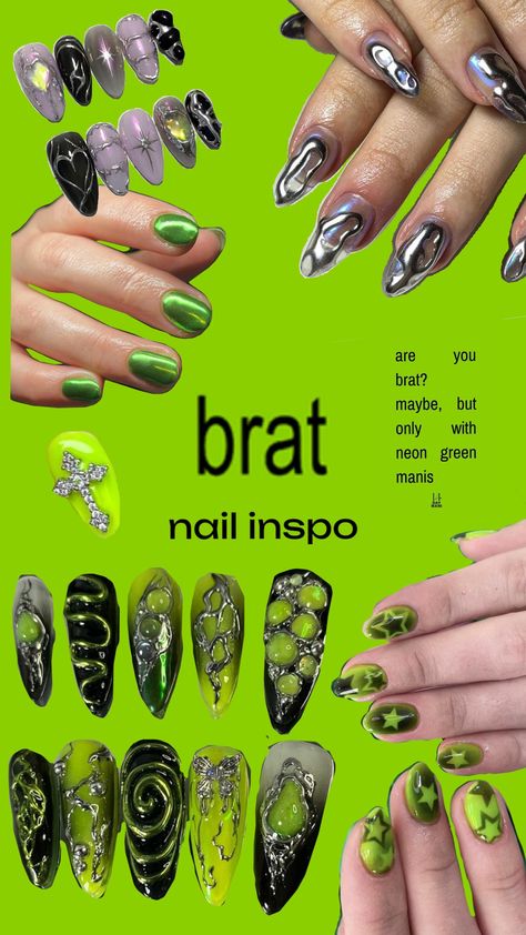 #brat #nails #nailinspo #gelnails #junknails #green Brat Nails Design, Like Green Nail Designs, Brat Green Nails, Brat Summer Nails, Grimes Nails, Brat Nails Charli, Funky Green Nails, Brat Nails, Maximalist Nails