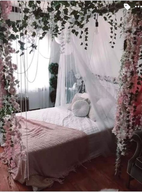 Cherry Blossom Canopy Bed, Canopy Bed Ideas Plants, Fairy Princess Room Ideas, Fairy Core Canopy Bed, Wisteria Over Bed, Canopy Bed Ideas With Vines, Vine Canopy Bed, Canopy Bed With Ivy And Lights, Flowers From Ceiling Bedroom