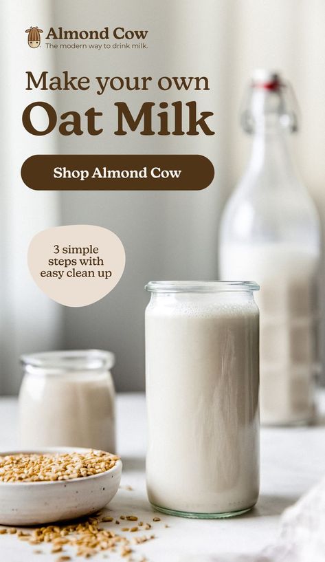 Homemade Oat Milk, Almond Cow, Homemade Nut Milk, Oat Milk Recipe, Almond Milk Recipes, Milk Shop, Plant Based Milk, Nut Milk, Coffee Milk