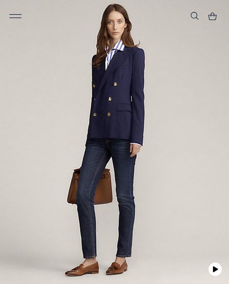 Fall Ralph Lauren Outfits, Ralph Lauren Blazer Outfit Women, Ralph Lauren Jacket Women, Ralph Lauren Outfits Women Casual, Blazer Jacket Outfits, Navy Blazer Outfit Women, Navy Blazer Outfits, Moda Casual Chic, Ralph Lauren Looks