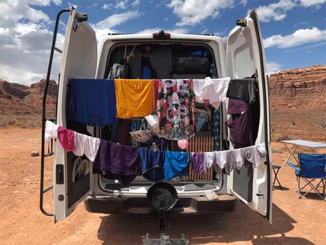 Van Life Laundry, Van Clothing Storage, Vanlife Hacks, Van Life Hacks, Campervan Hacks, Uhaul Truck, Van Organization, Kangoo Camper, Washers And Dryers