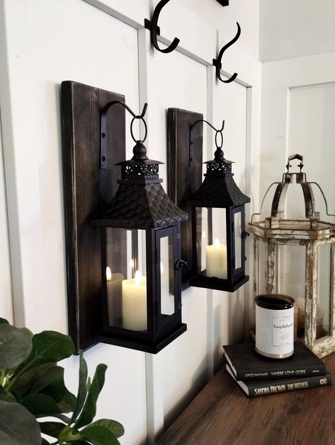 Candle lantern set, Rustic lantern wall decor, country rustic home decor, black metal lanterns, gift for guys, gift for grandpas, mens gift Hanging Lanterns Bedroom, Country Porch Decor, Country Rustic Home, Lantern Wall Decor, Greenery Flowers, Core Decor, Cottage Core Decor, Rustic Lanterns, Country Porch