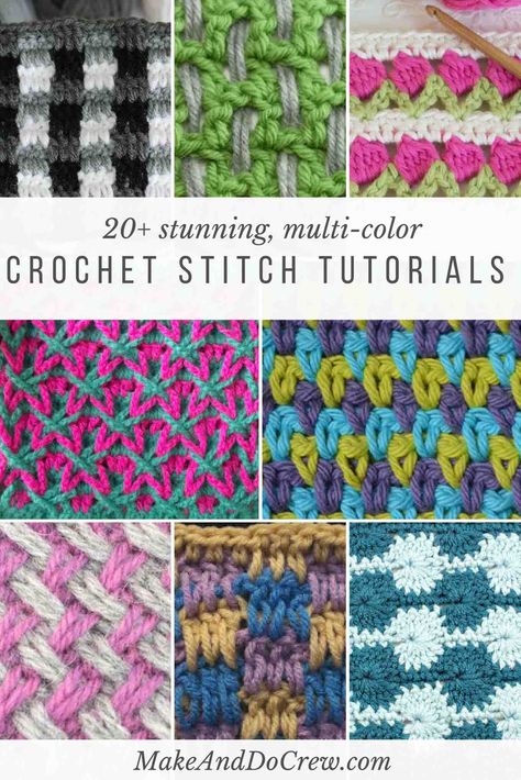 Each of these stitch tutorials is made using multiple colors of yarn to create stunning effects! This crochet stitches list has something for everyone--beginner to advanced. Crochet Patterns Multiple Colors, Crochet Stitches Multi Color, Multi Color Crochet Hat Pattern, Two Colour Crochet Stitches, Crochet Stitches Two Colors, Funky Crochet Stitches, Crochet Unique Stitches, Crochet With Multi Colored Yarn, Jacobs Ladder Crochet Pattern