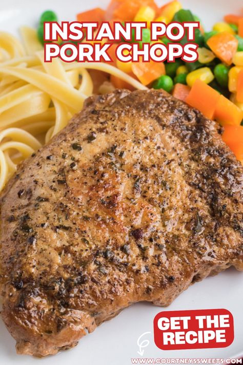 cooked pork chop on a plate with noodles and mixed veggies. Frozen Pork Steak Instant Pot Recipes, Pork Chops And Potatoes Instant Pot, Easy Instant Pot Pork Chops, Instapot Pork Chops Boneless, Instant Pot Pork Chops Boneless, Porkchops Instantpot, Pork Chop Recipes Instant Pot, Pork Chops In Instant Pot, Instant Pot Pork Chop Recipes