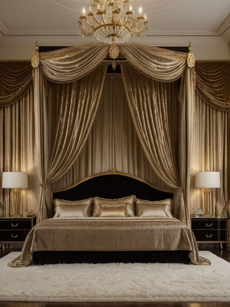 Create a regal bedroom aesthetic with a velvet tufted headboard, elegant chandelier, and gold-accented nightstands for a touch of luxury. Add a canopy draped with sheer curtains and a plush faux fur rug for an extra dose of opulence. Regal Bedroom, Velvet Tufted Headboard, Faux Fur Rug, Elegant Chandeliers, Fur Rug, Tufted Headboard, Bedroom Aesthetic, Sheer Curtains, Dream Life