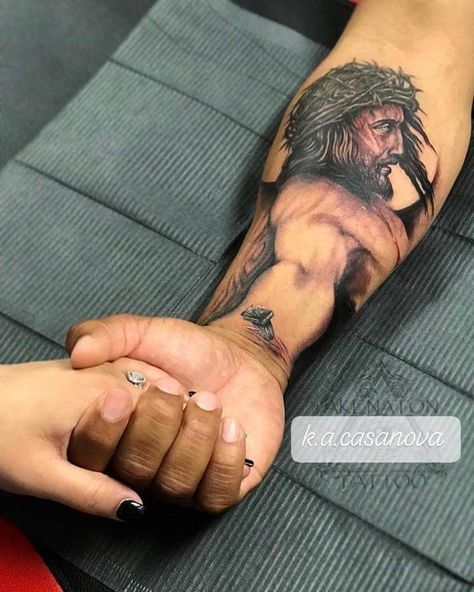 Jesus arm tattoo Jesus Forearm Tattoo, Jesus Hand Tattoo, Jesus Tattoo Sleeve, Religous Tattoo, Christus Tattoo, Jesus Tattoo Design, Christian Sleeve Tattoo, Christ Tattoo, Wolf Tattoo Sleeve