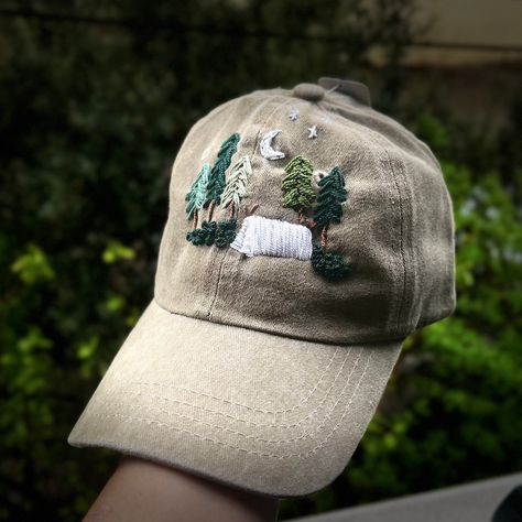 For him Baseball Hat, Hand Embroidered Camping Hat, Unisex Embroidered Denim Cap, Nature Embroidered Baseball Cap by BTtasarim on Etsy Embroidered Hats Ideas, Beige Baseball Cap, Hats Ideas, Camping Hat, Day Camping, Polish Christmas, Pretty Hats, Denim Cap, Different Hats