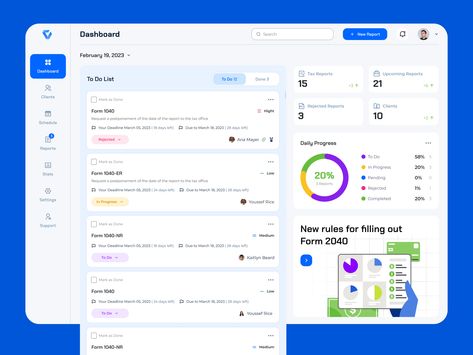 UI/UX design Accountant Dashboard Program for accountants, in which you can pass verification in the program and get access to different accounts of your clients. The functionality allows you to manage them in your account, schedule reports in a calendar, send them for signature to clients, connect with support, send reports to the tax service. Accounting Web Design, Dashboard Reports, Software Ui Design, Web Dashboard, Case Management, Website Header Design, Dashboard Ui, Dashboard Design, Website Design Inspiration