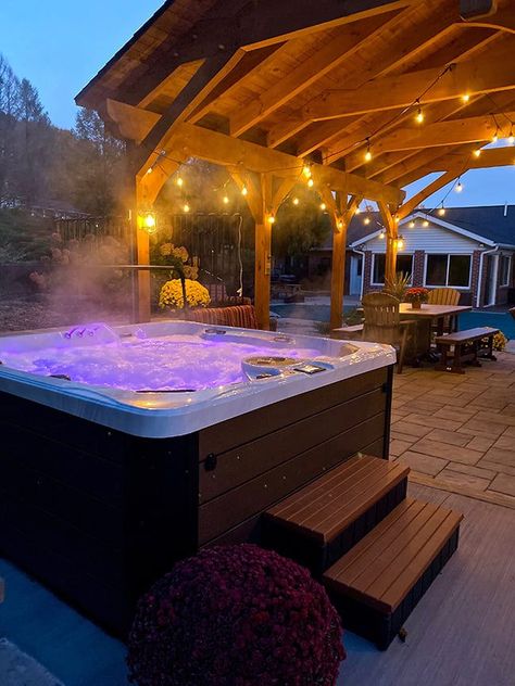 Cool Hot Tubs, Hot Tub House Ideas, Fancy Hot Tub, Hot Tub In House, Hot Tub And Pool Ideas Backyard, Backyard With Pool And Hot Tub, Hot Tub At Night Aesthetic, Hot Tub In The Snow, Under Deck Hot Tub