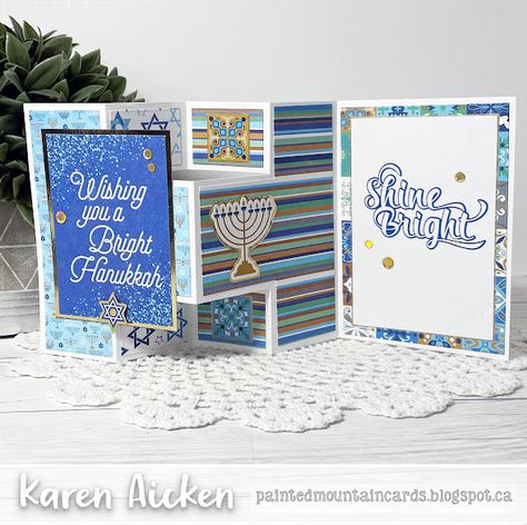 Painted Mountain Cards: Hanukkah Half Shutter Card Shutter Cards, Shutter Card, Folding Cards, Gold Foil Cards, Happy Hanukkah, Foil Cards, Mountain Paintings, Patterned Paper, Shutters