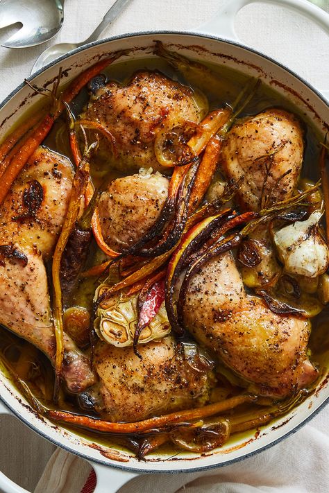 Olive Oil-Roasted Chicken With Caramelized Carrots Recipe - NYT Cooking Chicken Confit Recipes, Confit Chicken, Nytimes Cooking, Chicken Confit, Mushroom Bourguignon, Chicken Marbella, Caramelized Carrots, Sweet Carrots, Silver Palate