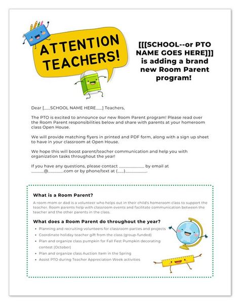 Learn how to start a room parent program with free flyers and templates to make the process easy! Enrich your PTO or PTA with room moms and dads for each classroom. Increase parent volunteer engagement with room parent welcome letter templates, room mom sign up sheets and more! Get more free printables and templates in the Room Mom Resource Library at www.roommomrescue.com! #roommomflyer #roommomtemplates #roommomprintables #roomparenting Room Parent Sign Up Sheet, Pto Letter To Parents, Room Parent Ideas, Room Mom Letter, Parent Welcome Letter, Pta Activities, Childcare Facility, Welcome Back Teacher, Teacher Questionnaire