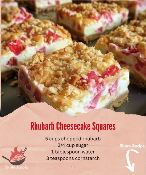 Rhubarb Cheesecake Squares, Rhubarb Cheesecake Bars, Rhubarb Cheesecake, Cut Recipe In Half, Cheescake Recipe, Cheesecake Squares, Cut Recipe, Rhubarb Desserts, Big Crowd