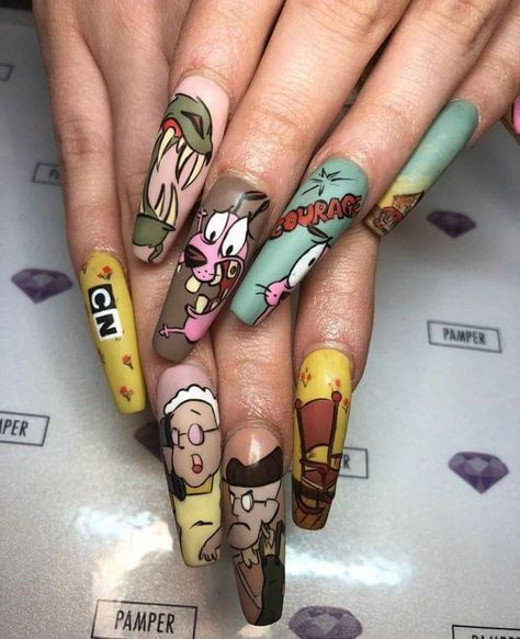 Courage the Cowardly Dog nail art!  By pampernailgallery on IG Dog Nail Art, Cartoon Nail Designs, Cowardly Dog, Nails Yellow, Pedicure Designs, Christmas Nails Acrylic, Dog Nails, Diy Nail Designs, Halloween Nail Designs