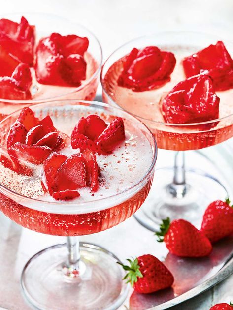 Strawberry rose spritz recipe  | Sainsbury`s Magazine Strawberry Rose Cocktail, Strawberry Rose Ice Cube, Wimbledon Recipes, Xmas Cocktails, Rose Spritz, Rose Drink, Magazine Recipe, Spritz Recipe, Fruity Cocktail