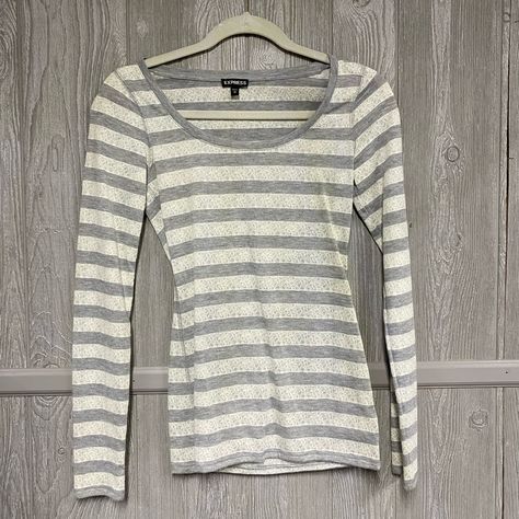 Shimmer Lace Stripe Long Sleeve Top, Express. Size Xs. New Without Tags. Slightly Sheer. White And Gray Stripes. Outfit Inspo Casual, Blue Long Sleeve Shirt, Stripe Long Sleeve, Gray Stripes, Long Sleeve Striped Top, Dress Shirts For Women, Grey Shirt, Sleeves Pattern, Grey Long Sleeve