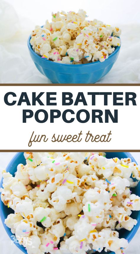 This Cake Batter Popcorn Recipe doesn't include cake mix! Marshmallow fluff & sprinkles make it taste like cake batter! #popcornrecipe #easydessert #sweettreat #3boysandadog Cake Mix Popcorn, Cake Batter Popcorn Recipe, Popcorn With Sprinkles, Funfetti Popcorn Recipes, Popcorn Cake Recipe, Candy Popcorn Recipe, Cake Batter Popcorn, Popcorn Dessert, Birthday Cake Popcorn