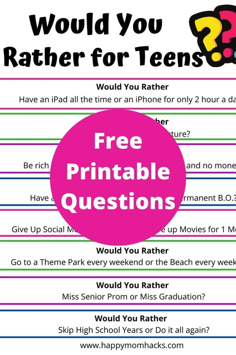 Questions For Teens, Best Would You Rather, Funny Would You Rather, Quizzes For Kids, One Minute Games, Entertaining Kids, Activity Printables, Would You Rather Game, Rather Questions