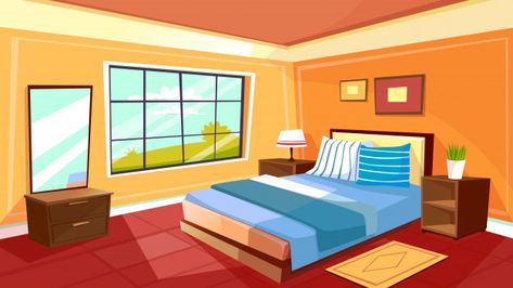 Cartoon bedroom interior background template. Cozy modern house room in morning light Free Vector Modern House Rooms, Background House, Cartoon Bedroom, Luxury Hotel Bedroom, Bedroom Cartoon, Background Cartoon, Bedroom Drawing, Man Cartoon, Bedroom Background