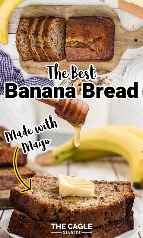 Delicious homemade banana bread made with mayonnaise. Decadently moist and perfect every time! You'll never make your banana bread any other way one you try this recipe! Banana Bread Recipe Mayo, Mayo Banana Bread, Banana Bread Recipe With Mayonnaise, Mayonnaise Bread Recipe, Banana Bread Recipe With Mayo, Banana Bread With Mayo, The Best Banana Bread Recipe, Super Moist Banana Bread, Best Banana Bread Recipe