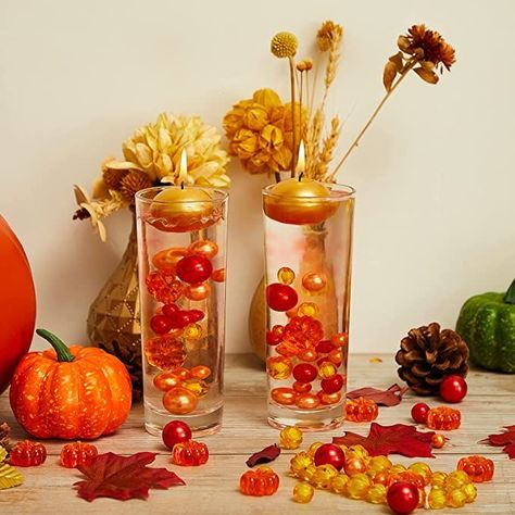 Fall Floating Candle Centerpieces, Candle Centerpieces For Home, Fall Floating Candles, Thanksgiving Vase, Floating Water Candles, Fall Vase Filler, Fall Vase, Candles Trends, Halloween Vase