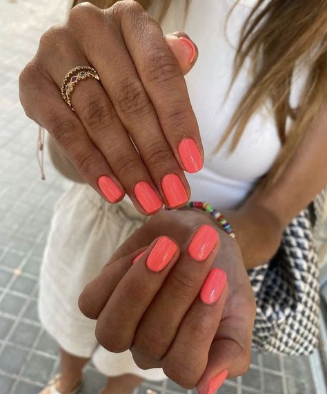 Plain Nail Inspo Short, Nail Designs On Short Nails, Designs On Short Nails, Plain Summer Nails, Haley Bieber Nails, Summer Short Nails, Jewellery Nails, Coral Pink Nails, Vacay Nails