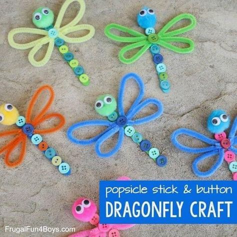 Dragonfly Craft, Button Crafts For Kids, Dragon Fly Craft, Popsicle Crafts, Pipe Cleaner Crafts, Craft Stash, Popsicle Stick Crafts, Kids' Crafts, Crafts For Kids To Make