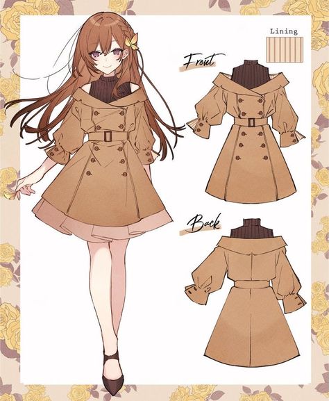 Art Outfit Reference, Design Reference Clothes, How To Draw A Coat, Aesthetic Outfits Drawing, Oc Drawing Base Female, Anime Dress Ideas, Oc Outfits Drawing, Outfit Idea Drawing, Girl Outfits Drawing