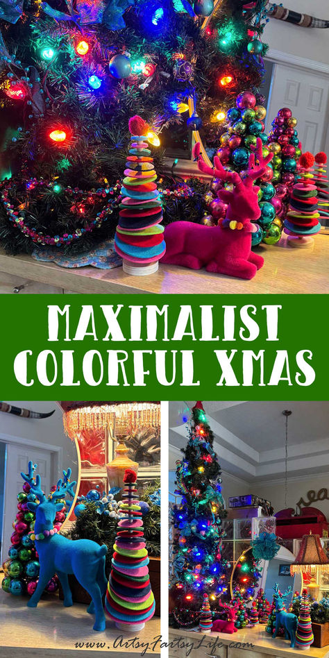 Maximalist Christmas Decor Ideas for a Festive Home Colorful Christmas Porch, Diy Whimsical Christmas Decor, Colorful Christmas Aesthetic, Funky Christmas Decor, Funky Christmas Trees, Merry And Bright Christmas Decor, Merry And Bright Christmas Tree, Maximalist Christmas, Eclectic Christmas