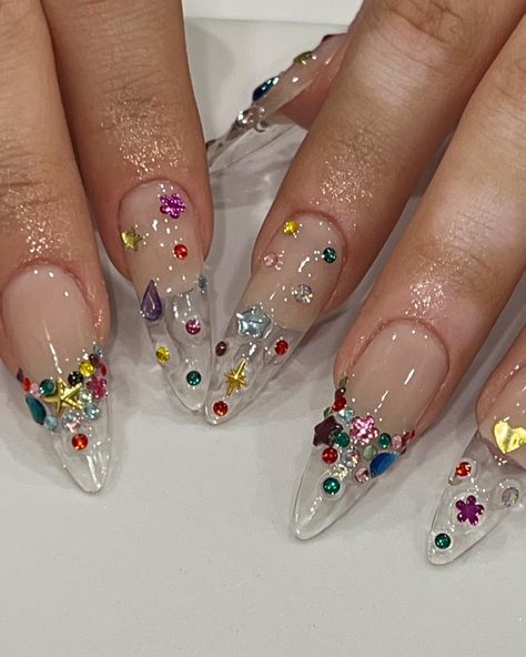 Clear Gem Nails, Rim Stone Nails, Big Gems On Nails, Clear Nails With Gems, Multi Colored Gem Nails, Junk Yard Nails, Nails Gems, Ab Crystal Nails, Hot Hands