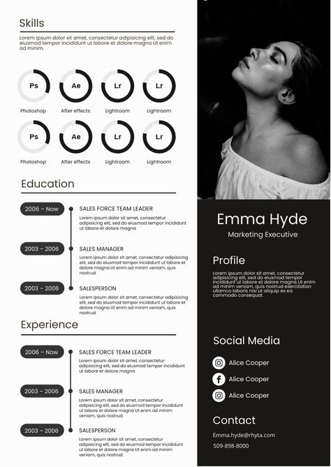 This resume template helps you start your next campaign quickly. It's designer-crafted and helps you stand out. Photography Cv Design, Artist Resume Creative Cv, Resume 2024, Photography Resume, Templates Black, Cv Original, It Cv, Resume Ideas, Minimal Resume