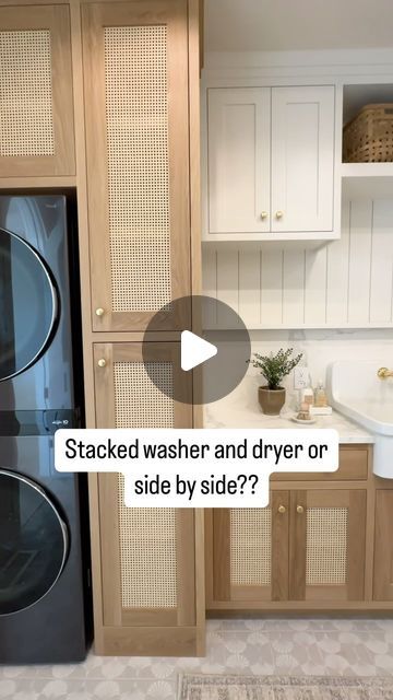 Our #rosemaryproject laundry room! We chose a stacked washer and dryer for space, but what do you prefer? 🤍🤎 Stacked Washer And Dryer In Kitchen, Laundry Room Cabinets With Stackable Washer And Dryer, Stack Washer And Dryer Laundry Room, Laundry Room Design Stacked Washer Dryer, Laundry Room With Stackable Washer Dryer, Laundry Room Stacked Washer And Dryer, Laundry Room With Top Loader Ideas, Counter Over Washer And Dryer, Laundry Room Ideas Stacked Washer Dryer